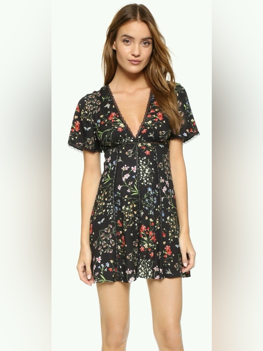 Alice + Olivia Amara Floral Lace Trim Mini Dress in Bohemian Garden, Size 0